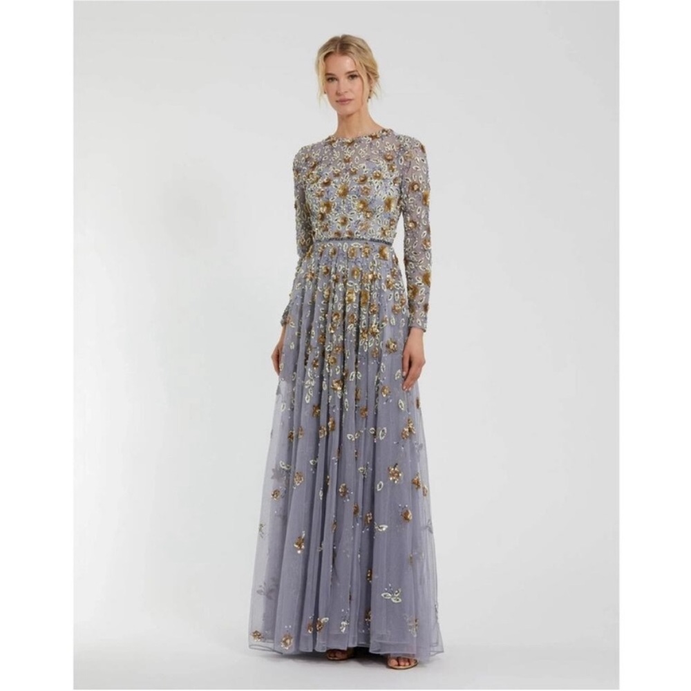 Mac Duggal 5533 Platinum Gold Embellished High Neck Long Sleeve A Line Gown 14